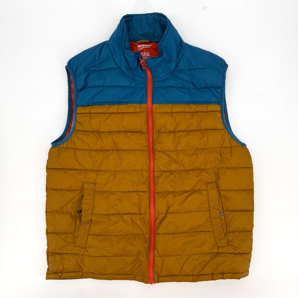 Mens Quilted Zip Vest Teal Mustard Orange Gorpcore Fall Layering Outdoor Camping